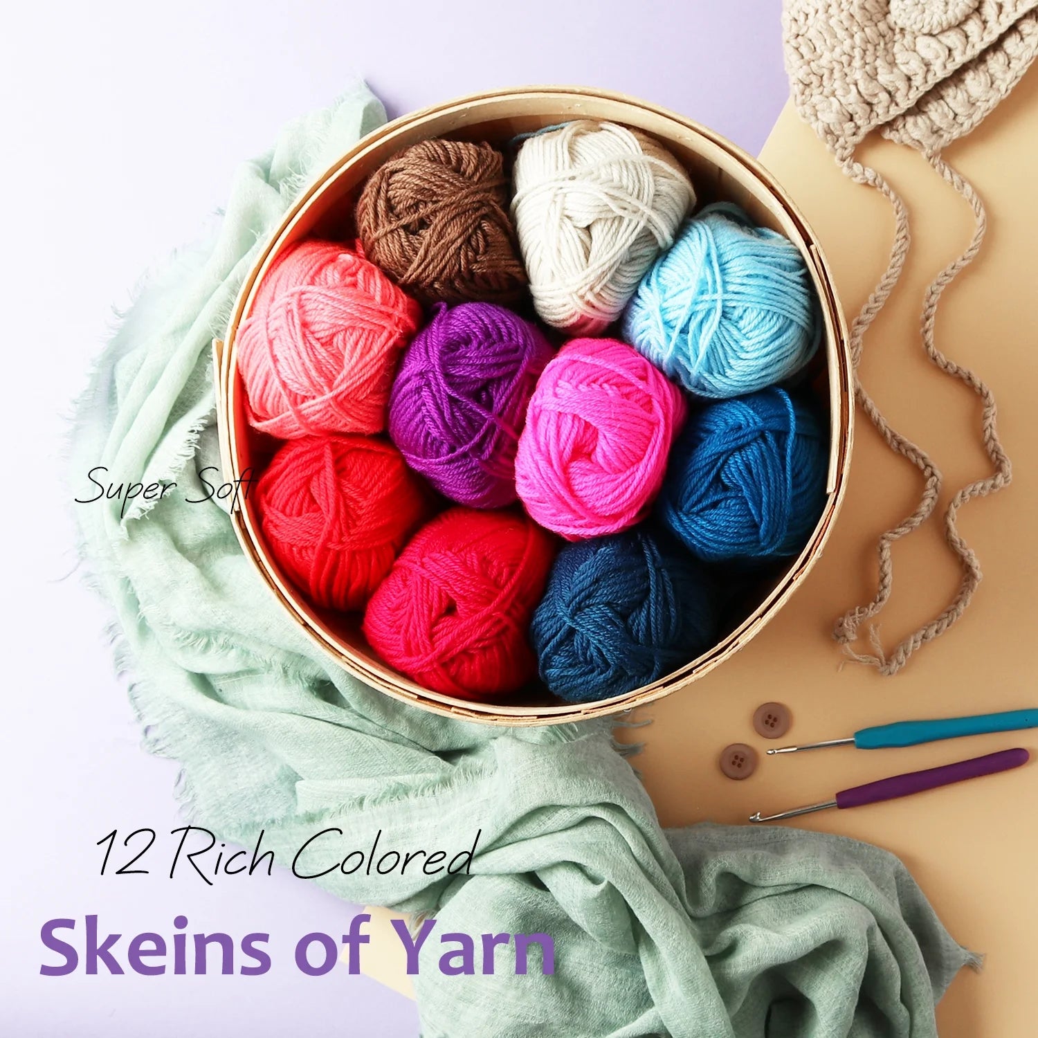 Bulk Yarn for Crochet Kit, Knitting Crochet Yarn Acrylic ,Multi-Colored, 1200 Yards