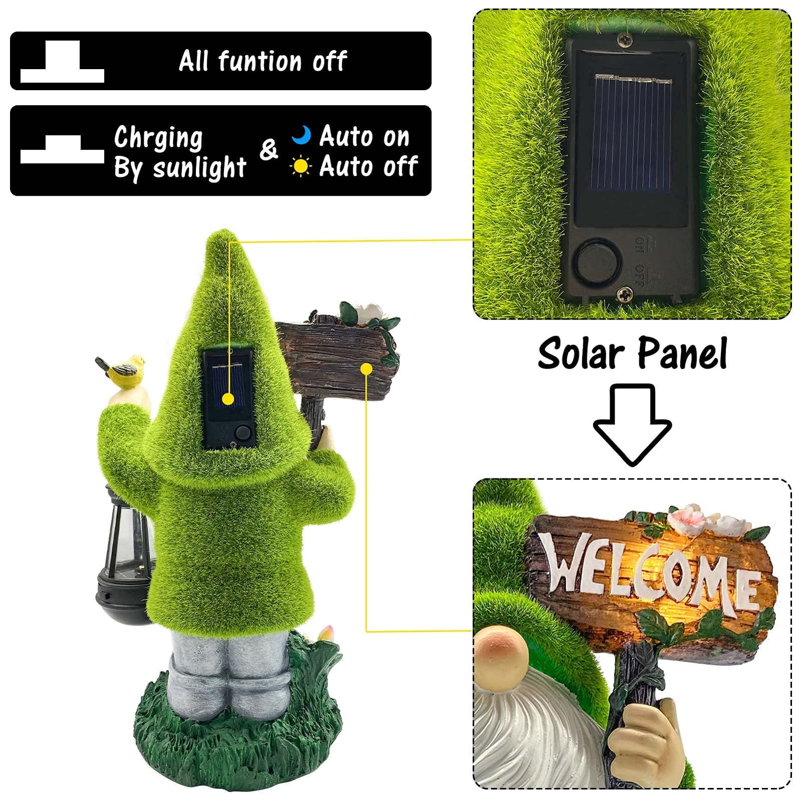Garden Gnome Statues 14 Inch Flocked Resin Gnome Figurine with Solar Lantern Welcome Sign for Garden Yard Lawn Decorations, Gifts for Housewarming/ Birthday