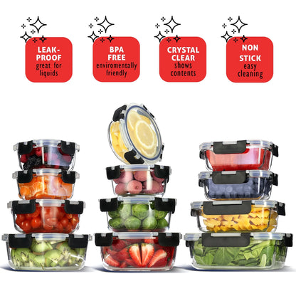 24Pc Glass Food Storage Containers with Lids, Airtight Glass Meal Prep Containers, Oven, Microwave & Freezer Safe Glass Storage Containers