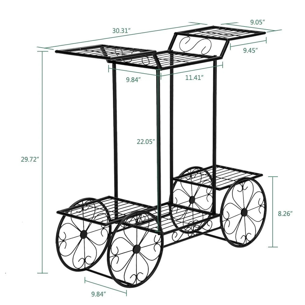 6-Tier Garden Cart Stand & Flower Pot Metal Plant Holder Display Rack, Black