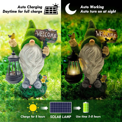 Garden Gnome Statues 14 Inch Flocked Resin Gnome Figurine with Solar Lantern Welcome Sign for Garden Yard Lawn Decorations, Gifts for Housewarming/ Birthday