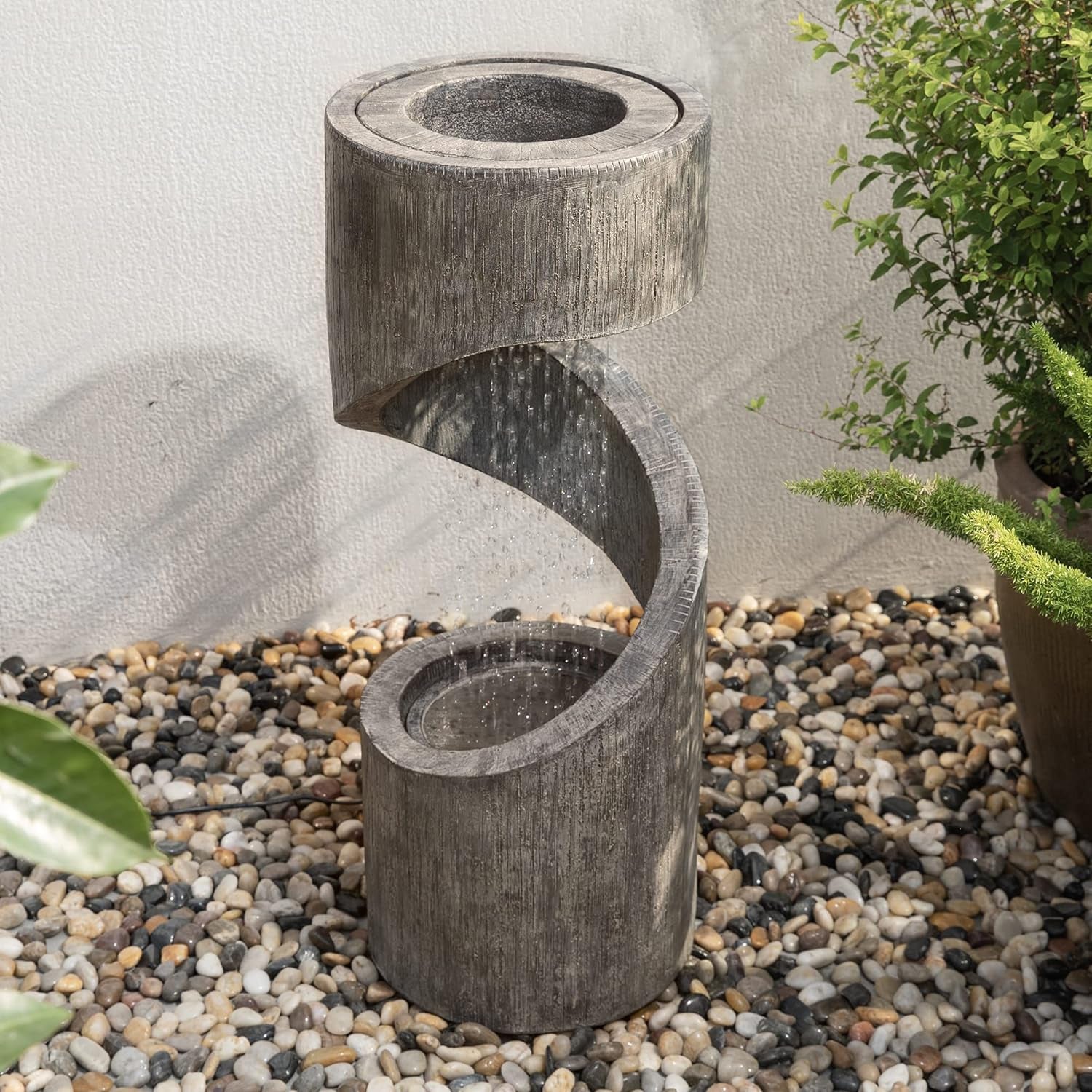 Tiered Outdoor Water Fountain with LED Light, Curved Outdoor Fountain Waterfall with Stone Planter, Freestanding Spiral Outdoor Garden Water Fountains, 31.3”H