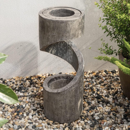 Tiered Outdoor Water Fountain with LED Light, Curved Outdoor Fountain Waterfall with Stone Planter, Freestanding Spiral Outdoor Garden Water Fountains, 31.3”H