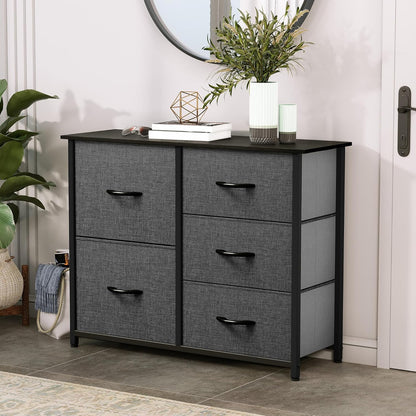 Dresser for Bedroom with 5 Drawers, Wide Bedroom Fabric Dresser with Storage Bins, Clothes Cabinet for Bedroom, Living Room, Hallway, Black Grey