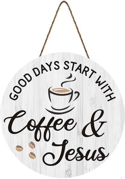 Coffee Bar Decor Cafe Accessories, Coffee and Jesus Signs for Cafe Decor, 12'' X 12'' (White Good Days Start with Jesus)