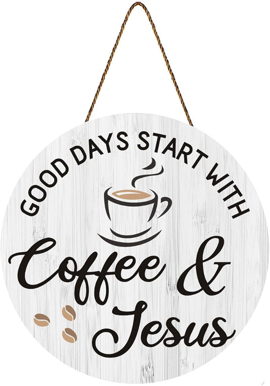 Coffee Bar Decor Cafe Accessories, Coffee and Jesus Signs for Cafe Decor, 12'' X 12'' (White Good Days Start with Jesus)