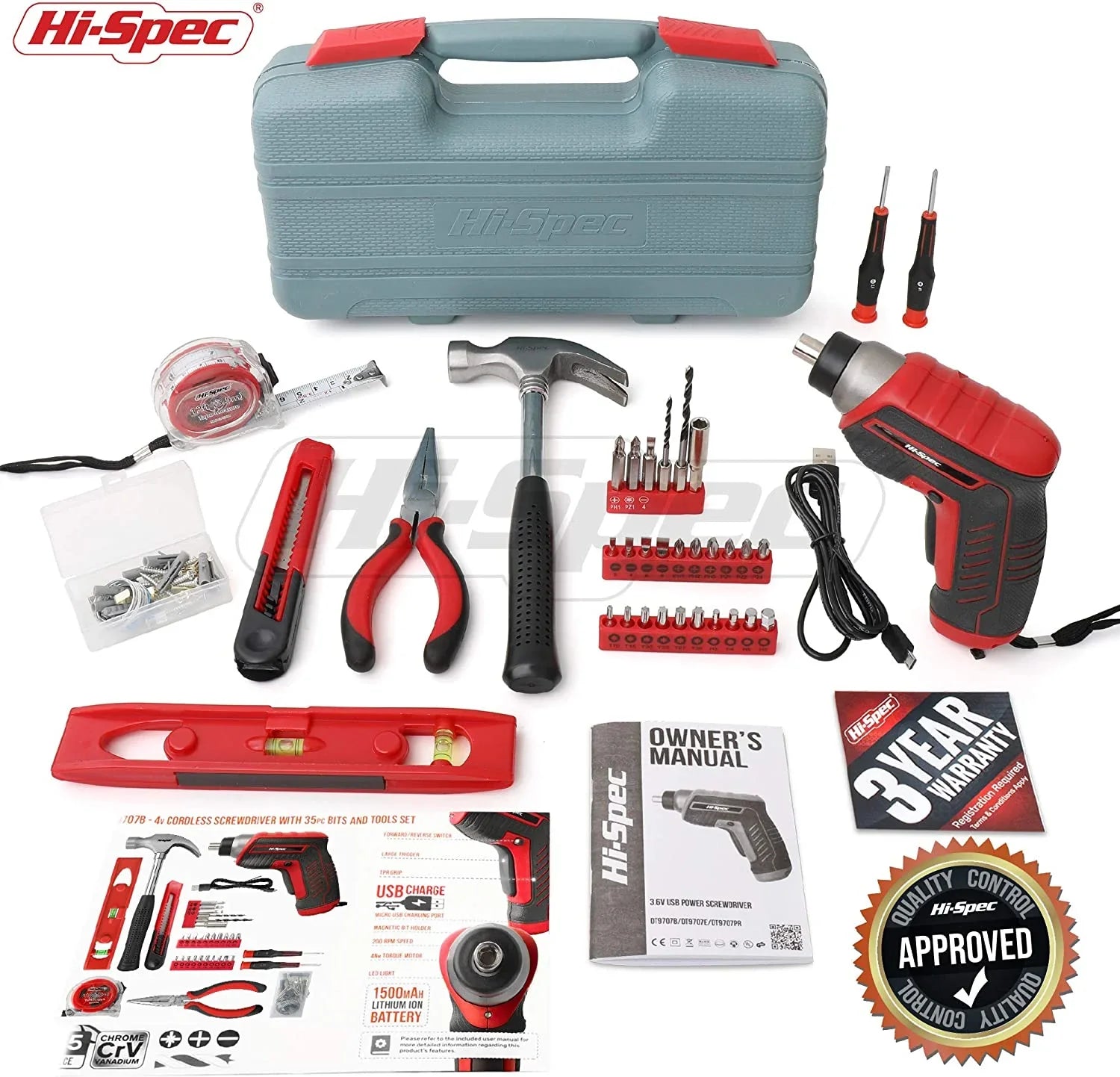 35Pc Red 3.6V Cordless Electric Power Screwdriver and Home Tool Kit Set. USB Rechargeable