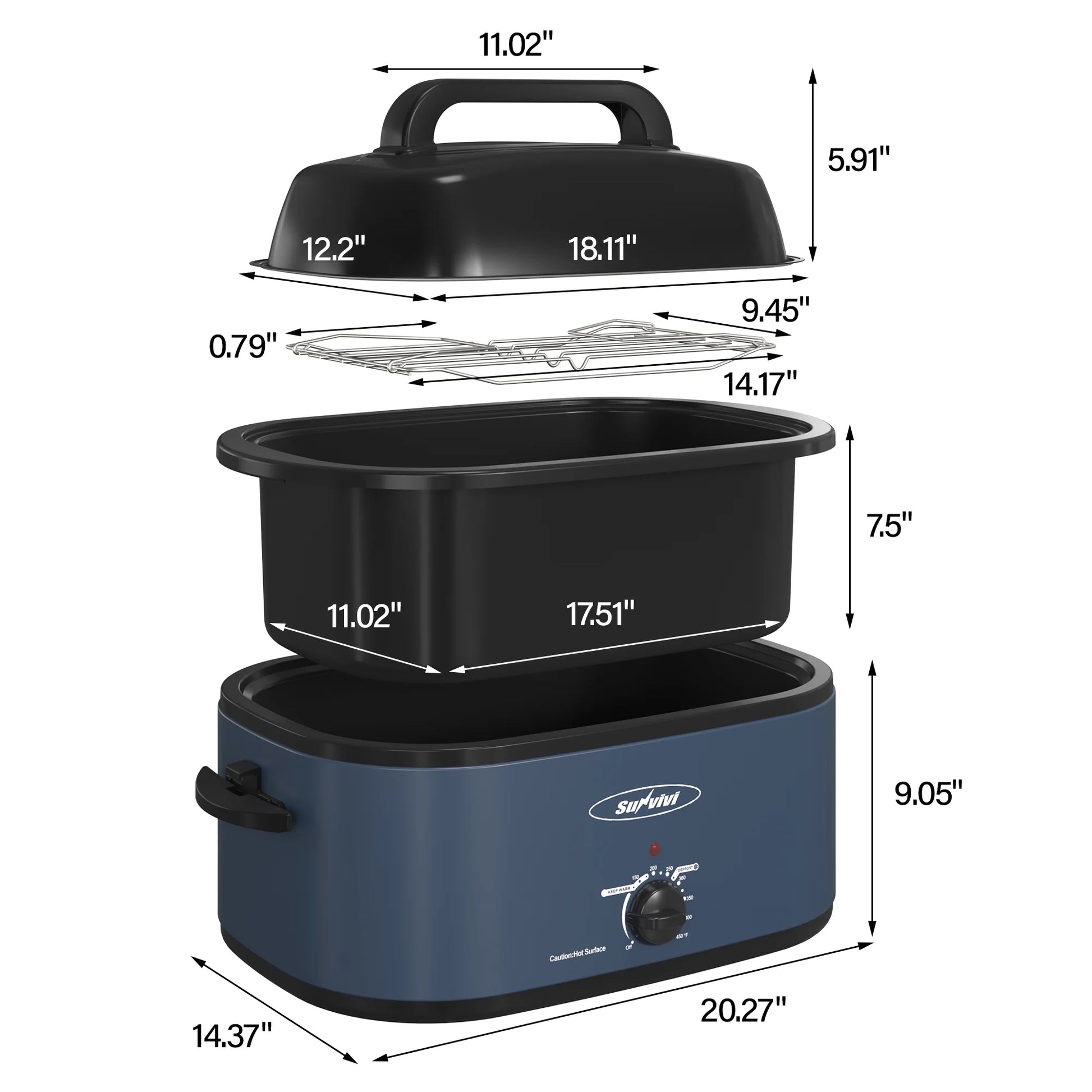 24 Quart Electric Turkey Roaster Oven with Visible Glass Lid,Removable Pan & Rack, Stainless Steel,Blue