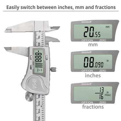Digital Caliper 6 Inch Electronic Caliper Stainless Steel Measuring Tool Precision Vernier Caliper with Large LCD Screen, Metric/Inch/Fraction Conversion