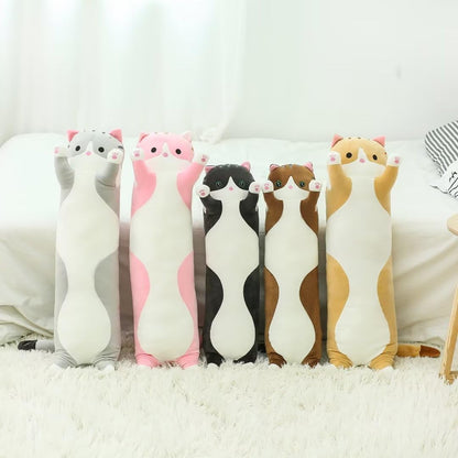 Cute Cat Plush Long Body Pillow – Soft Cartoon Stuffed Animal Doll, Kawaii Cat Plushie Cuddle Toy Gift for Kids, Girls & Girlfriend (Gray, 19.7 Inch)