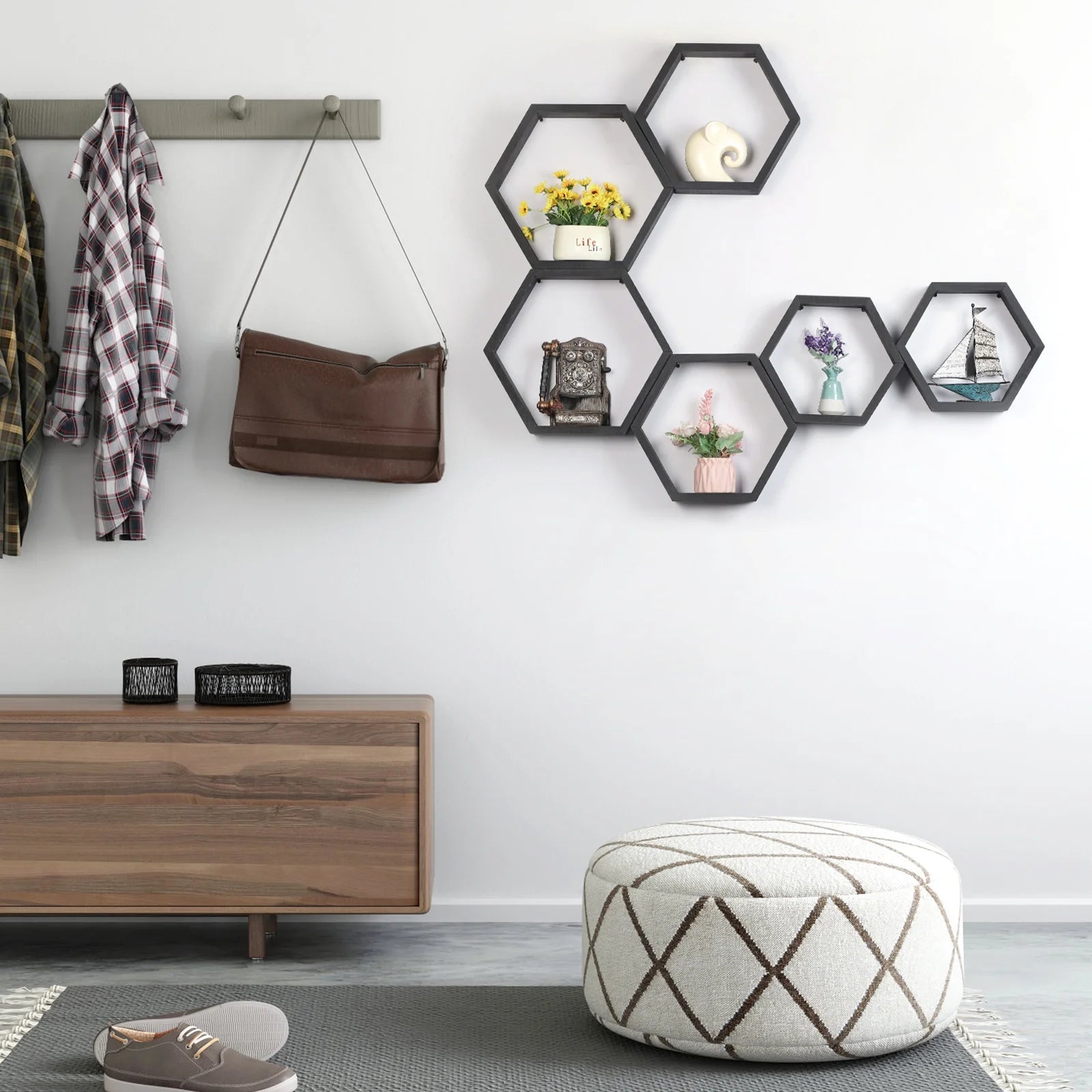 Black Hexagon Floating Shelves, Set of 6