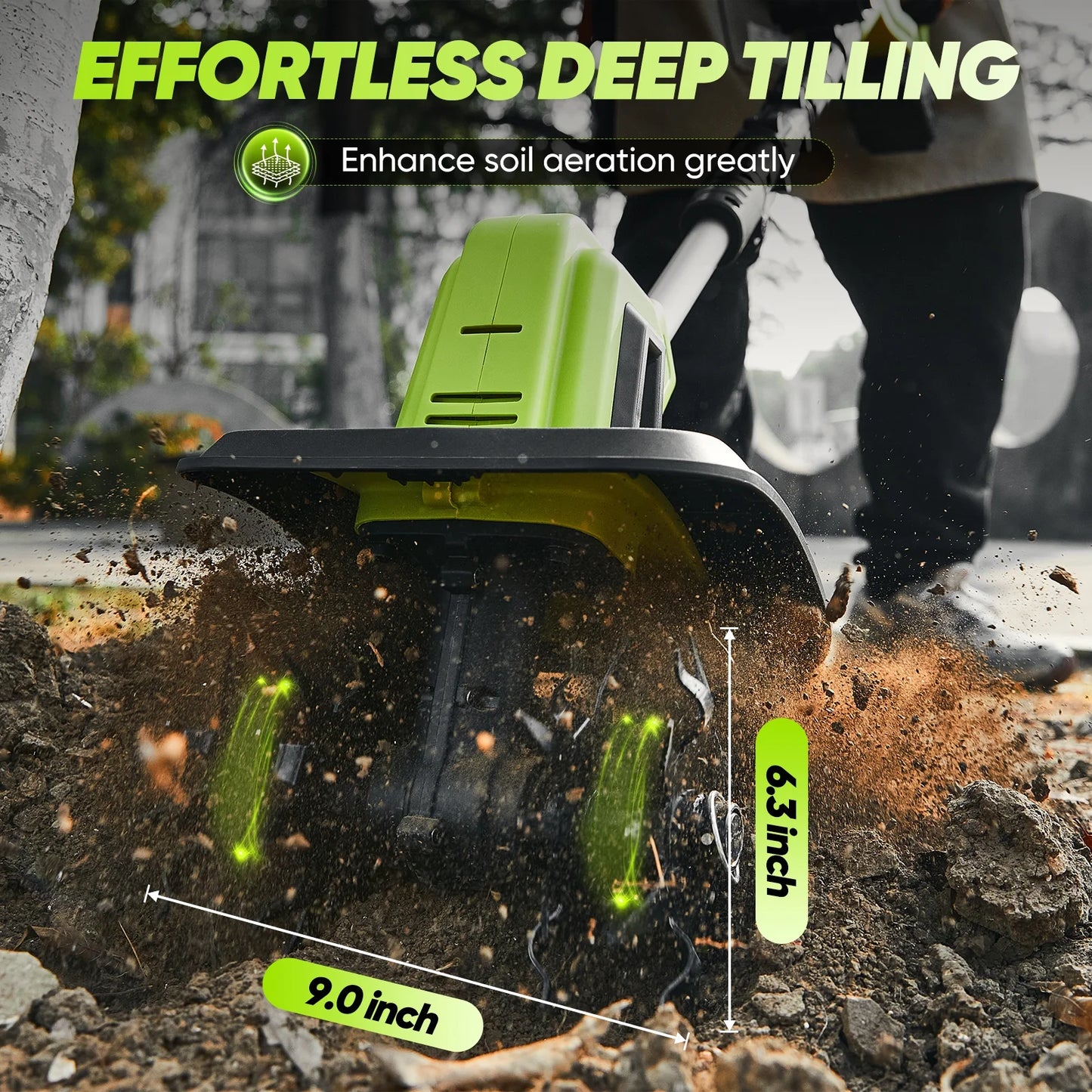 22V Cordless Tiller Cultivator, 360RPM Electric Garden Tiller with Total 4000Mah Battery, 9-Inch Tilling Width, 6.3-Inch Depth Rototiller for Gardening, Weeding, Soil Cultivation