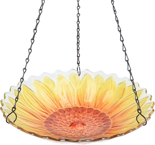 Sunflower 11-Inch Hanging Glass Bird Bath & Feeder for Garden Decoration (Hummingbird)