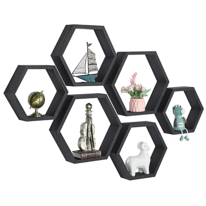 Black Hexagon Floating Shelves, Set of 6