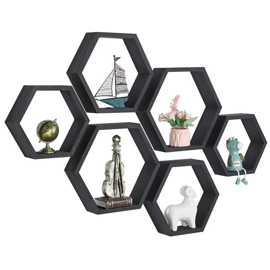 Black Hexagon Floating Shelves, Set of 6