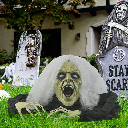 Halloween Gray Haired Zombie Skull with Posable Skeletal Hands Halloween Decoration Prop | Halloween Groundbreaking Zombie, Halloween Lawn Decorations