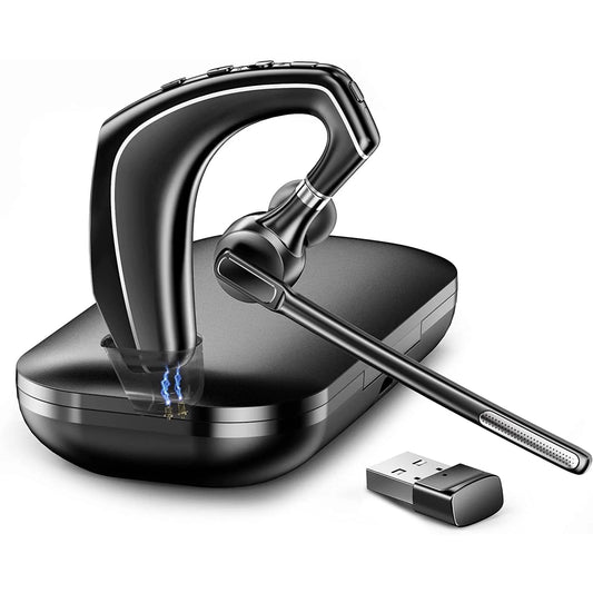 Bluetooth Headset V5.1, Wireless Headset with 500Mah Charging Case, Noise Canceling Mic for Driving and Office. (USB-A Adapter Included)
