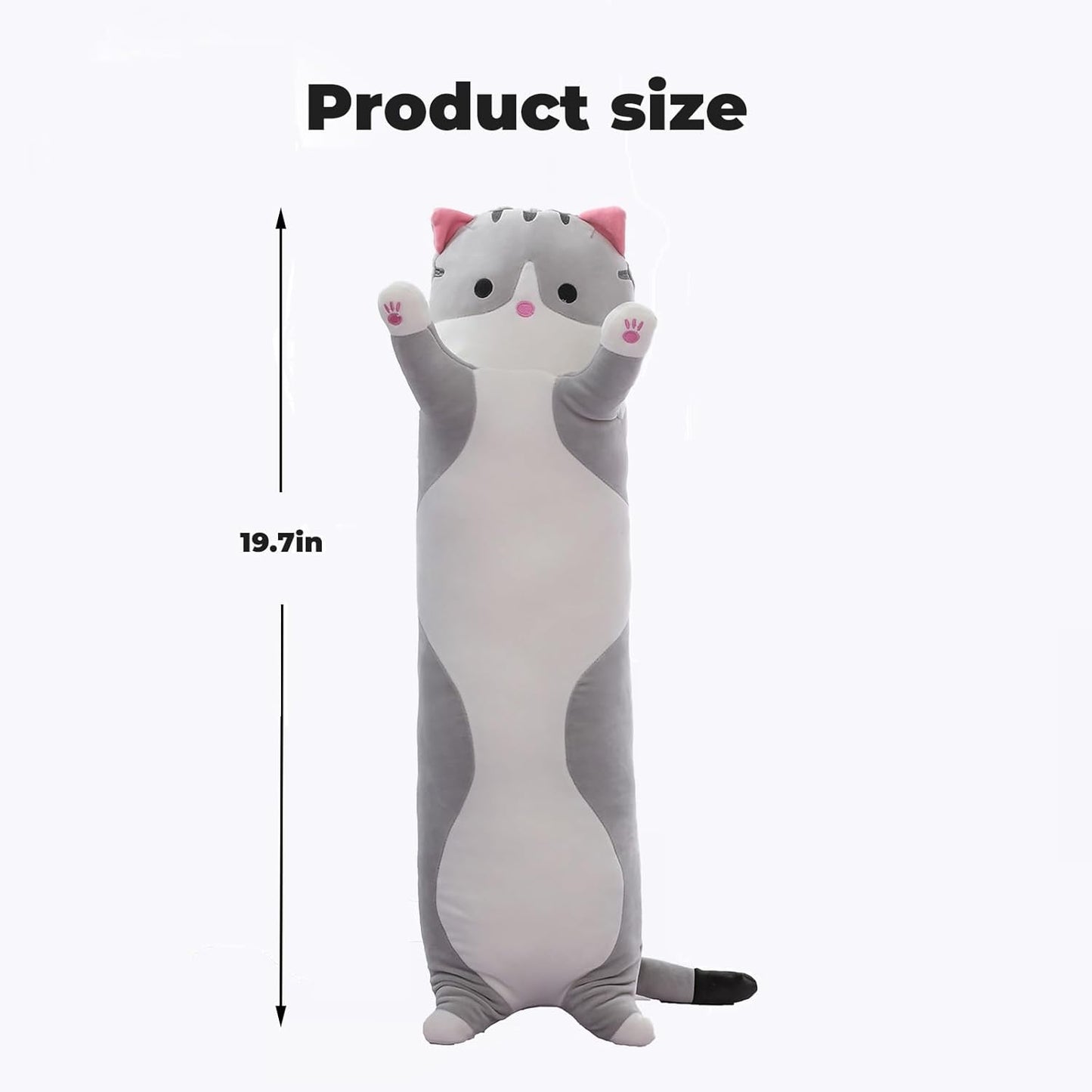 Cute Cat Plush Long Body Pillow – Soft Cartoon Stuffed Animal Doll, Kawaii Cat Plushie Cuddle Toy Gift for Kids, Girls & Girlfriend (Gray, 19.7 Inch)