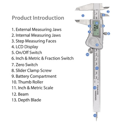 Digital Caliper 6 Inch Electronic Caliper Stainless Steel Measuring Tool Precision Vernier Caliper with Large LCD Screen, Metric/Inch/Fraction Conversion