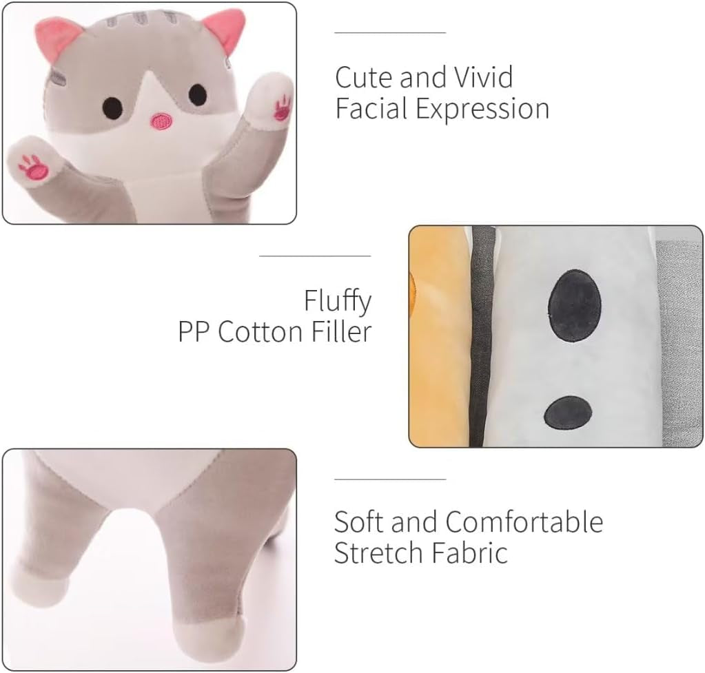 Cute Cat Plush Long Body Pillow – Soft Cartoon Stuffed Animal Doll, Kawaii Cat Plushie Cuddle Toy Gift for Kids, Girls & Girlfriend (Gray, 19.7 Inch)