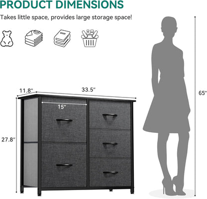 Dresser for Bedroom with 5 Drawers, Wide Bedroom Fabric Dresser with Storage Bins, Clothes Cabinet for Bedroom, Living Room, Hallway, Black Grey