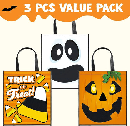 3 PCS Halloween Goodie Candy Bags Large, 22.5” X 13.4” Halloween Tote See-Through Bags for Kids Trick or Treating, Grocery Shopping Gifts Tote with Handles, Classroom Party Favor Supplies