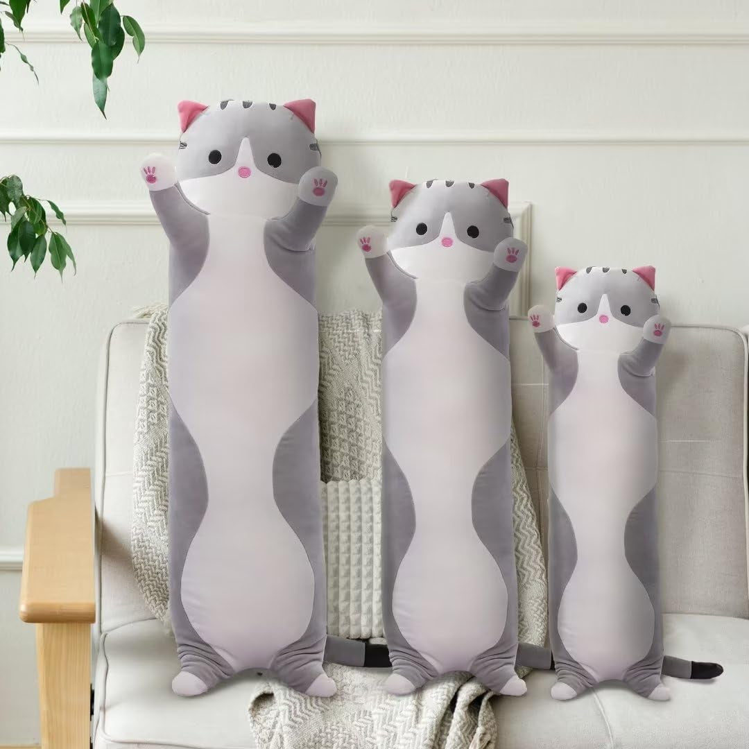 Cute Cat Plush Long Body Pillow – Soft Cartoon Stuffed Animal Doll, Kawaii Cat Plushie Cuddle Toy Gift for Kids, Girls & Girlfriend (Gray, 19.7 Inch)