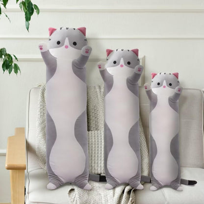 Cute Cat Plush Long Body Pillow – Soft Cartoon Stuffed Animal Doll, Kawaii Cat Plushie Cuddle Toy Gift for Kids, Girls & Girlfriend (Gray, 19.7 Inch)