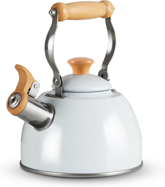 Tea Kettle, Tea Pot with Cool Touch Ergonomic Handle, Teapot Food Grade Stainless Steel, Tea Kettle Stovetop, Kettle Teapot, Whistling Tea Kettle, Small Tea Kettle, 1.6 Quart (White)