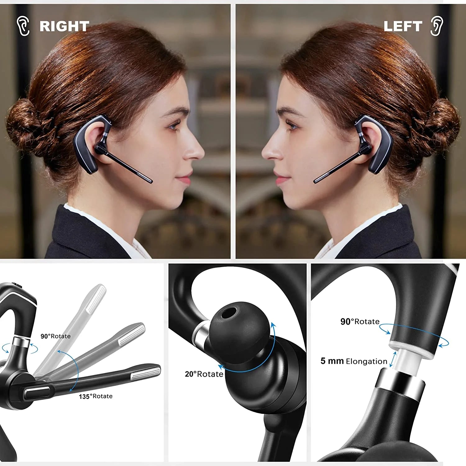 Bluetooth Headset V5.1, Wireless Headset with 500Mah Charging Case, Noise Canceling Mic for Driving and Office. (USB-A Adapter Included)