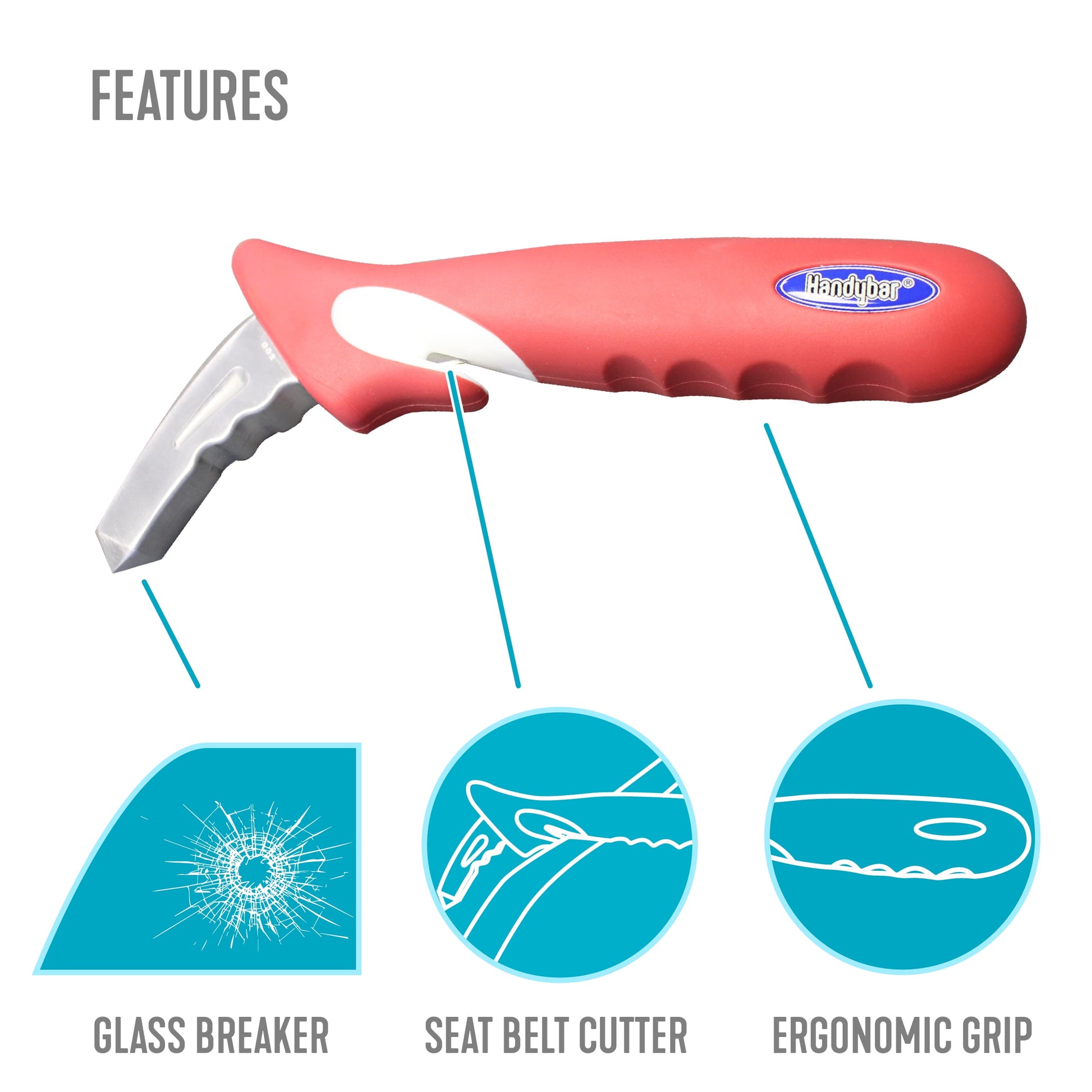 Handy Bar, Automotive Standing Aid with Seatbelt Cutter and Window Breaker