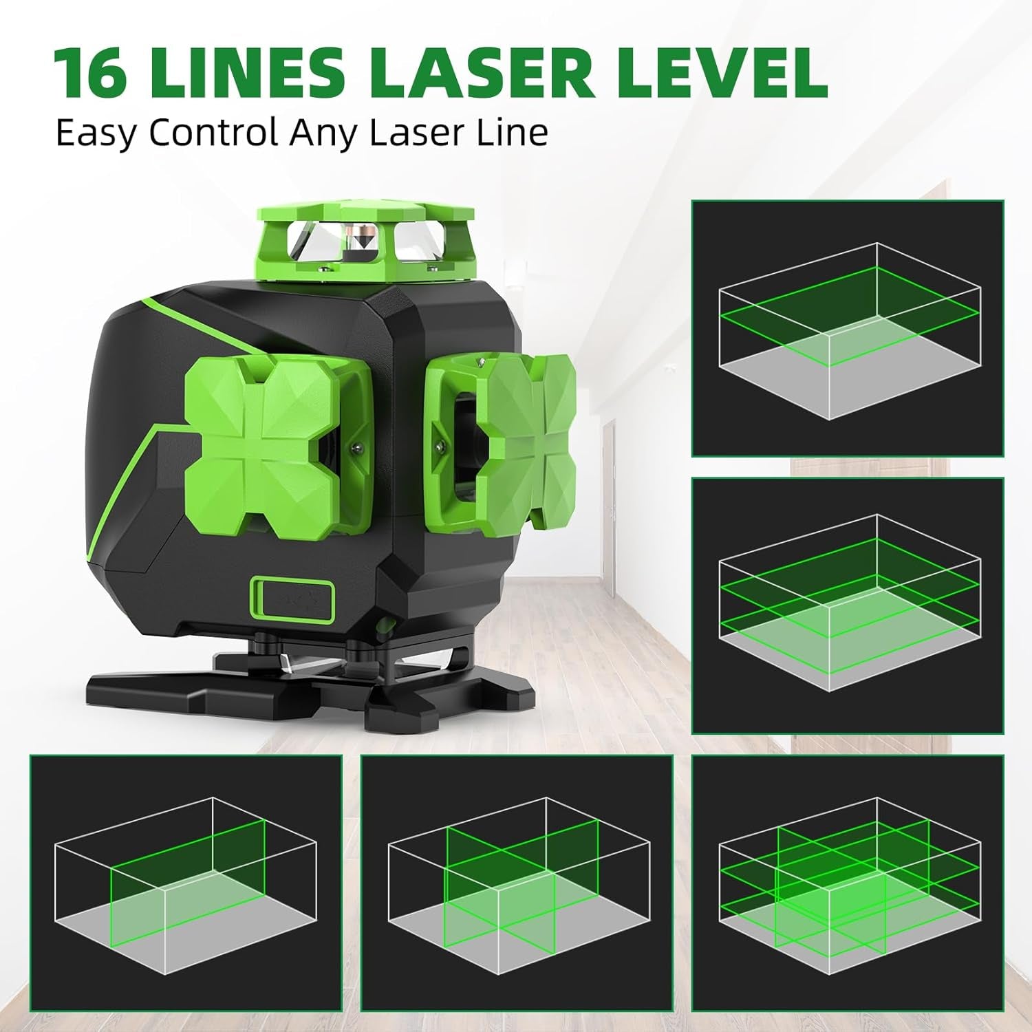 Laser Level 4 X 360° 16 Lines Self-Leveling Alignment Laser Tool with Pulse Mode for Construction and Picture Hanging, Magnetic Bracket, Lifting Base, Li-Ion Battery or 4 AA Batteries - S04CG-L