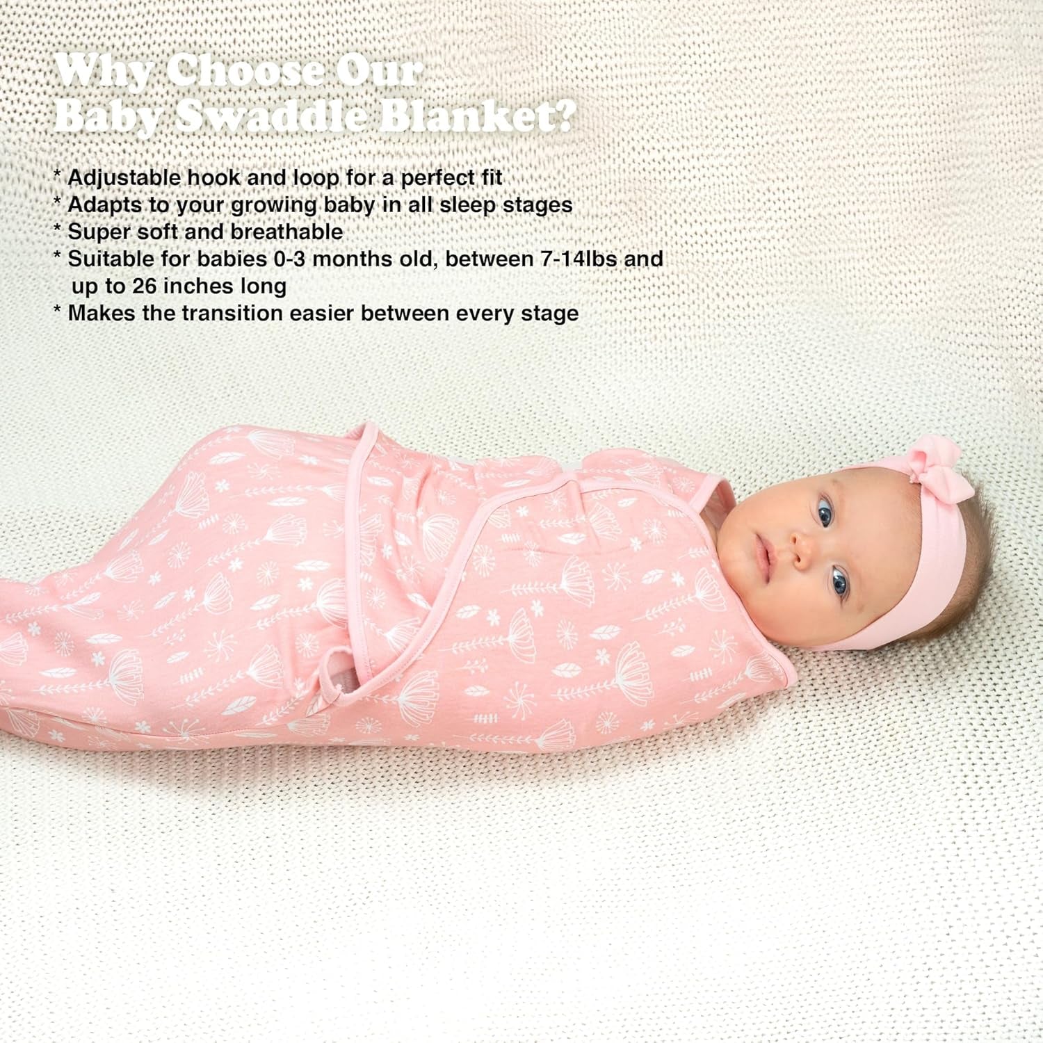 Swaddles for Newborns – 3-Pack Infant Swaddles 0-3 Months – Adjustable Swaddle Sleep Sack – Soft Organic Cotton Baby Wrap for Safe & Cozy Sleep (Rose Pink)