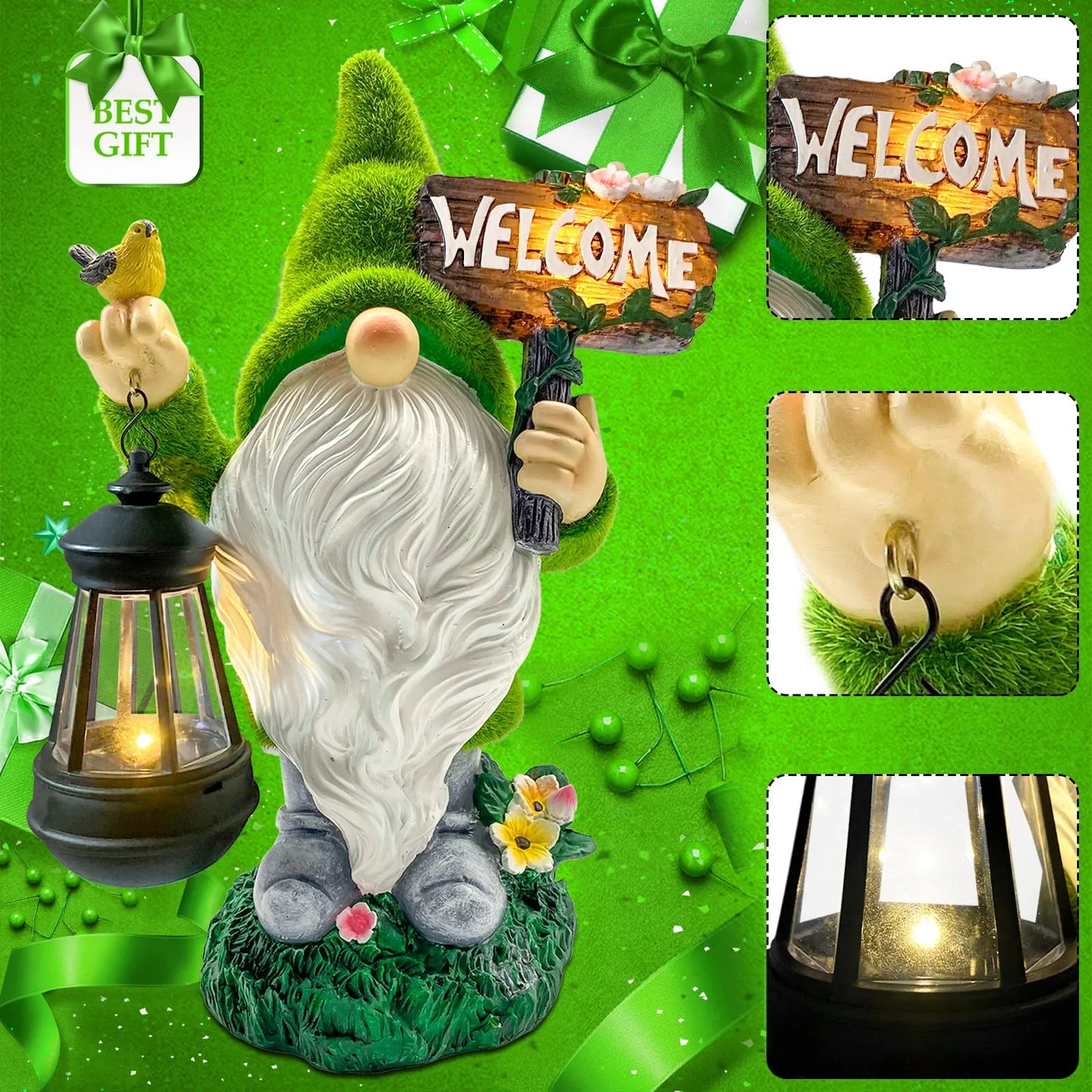 Garden Gnome Statues 14 Inch Flocked Resin Gnome Figurine with Solar Lantern Welcome Sign for Garden Yard Lawn Decorations, Gifts for Housewarming/ Birthday
