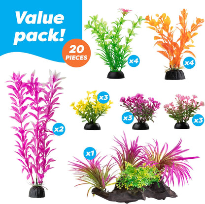 Aquarium Decorations 20 or 23 Pack Lifelike Plastic Decor Fish Tank Plants, Small to Large (20 Pack)