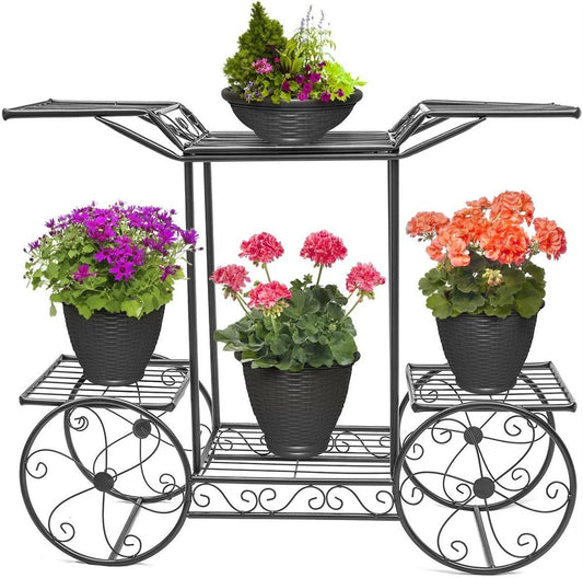 6-Tier Garden Cart Stand & Flower Pot Metal Plant Holder Display Rack, Black