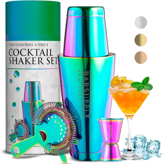 Professional Boston Cocktail Shaker Set | 4-Piece Bar Set | Stainless Steel 304 | 28Oz/18Oz Weighted Shaker Tins | Hawthorne Strainer | Double Sided Jigger | Recipe Booklet | Bartender Kit