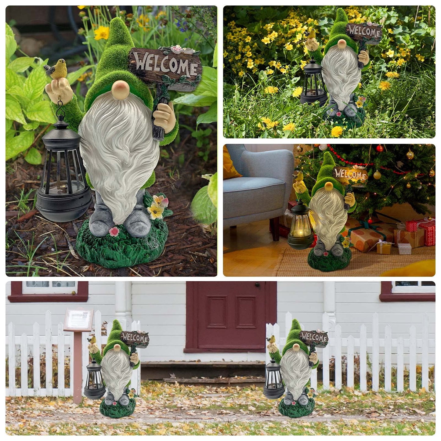 Garden Gnome Statues 14 Inch Flocked Resin Gnome Figurine with Solar Lantern Welcome Sign for Garden Yard Lawn Decorations, Gifts for Housewarming/ Birthday