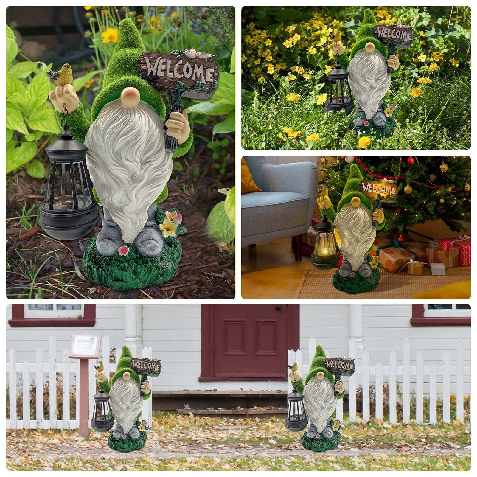 Garden Gnome Statues 14 Inch Flocked Resin Gnome Figurine with Solar Lantern Welcome Sign for Garden Yard Lawn Decorations, Gifts for Housewarming/ Birthday