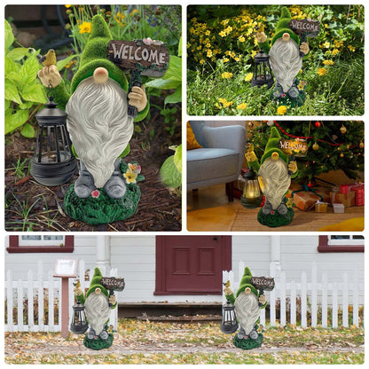 Garden Gnome Statues 14 Inch Flocked Resin Gnome Figurine with Solar Lantern Welcome Sign for Garden Yard Lawn Decorations, Gifts for Housewarming/ Birthday