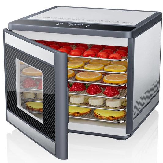 Food Dehydrator Machine with 6 Stainless Steel Trays, Best Timer Temperature Control Machine at Home for Jerky, Herbs, Dog Treats, Meat, Fruit, Dark Gray