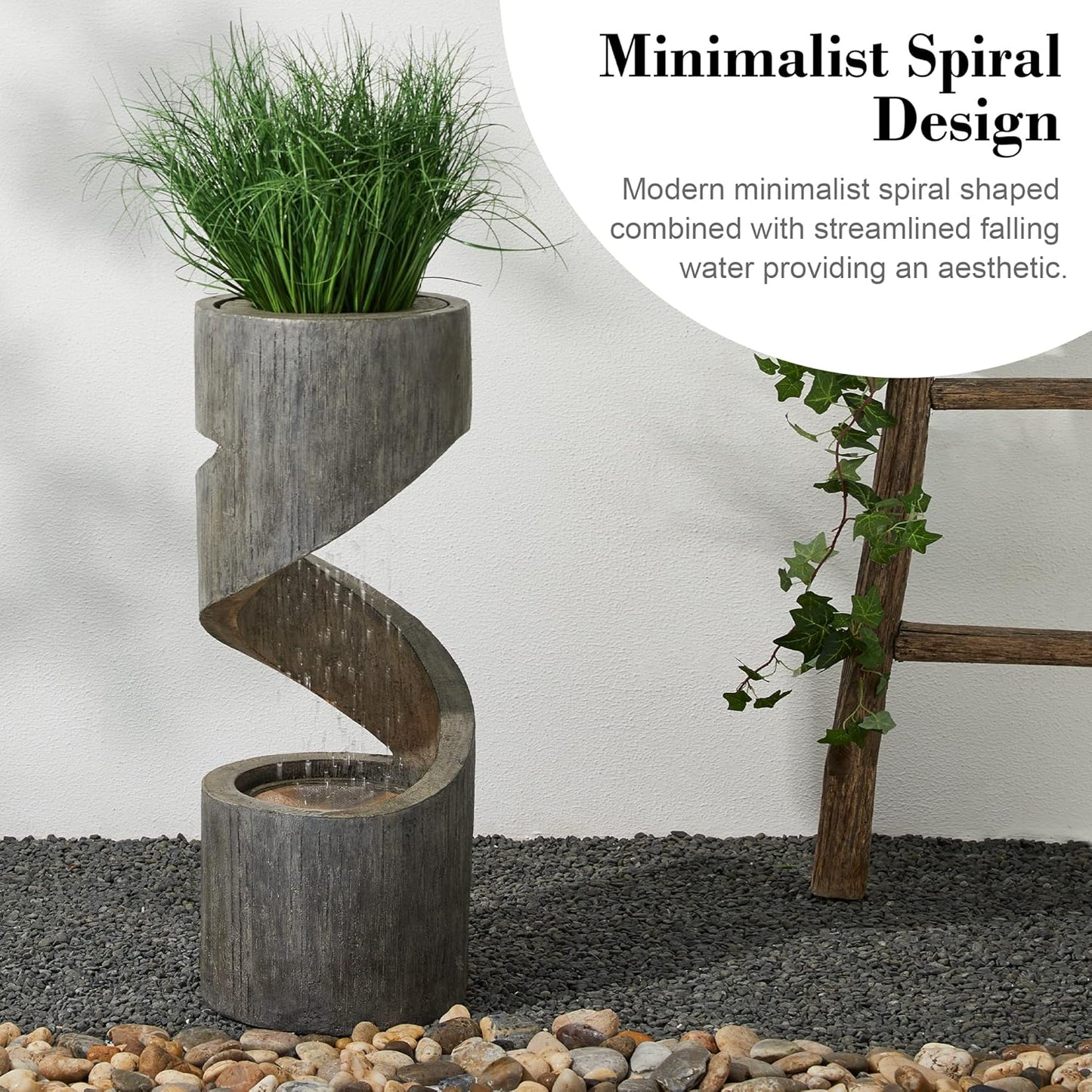 Tiered Outdoor Water Fountain with LED Light, Curved Outdoor Fountain Waterfall with Stone Planter, Freestanding Spiral Outdoor Garden Water Fountains, 31.3”H