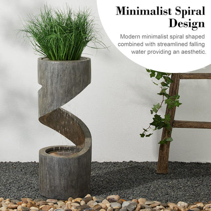 Tiered Outdoor Water Fountain with LED Light, Curved Outdoor Fountain Waterfall with Stone Planter, Freestanding Spiral Outdoor Garden Water Fountains, 31.3”H