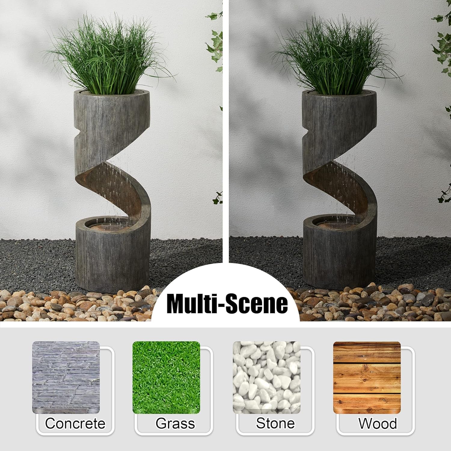 Tiered Outdoor Water Fountain with LED Light, Curved Outdoor Fountain Waterfall with Stone Planter, Freestanding Spiral Outdoor Garden Water Fountains, 31.3”H