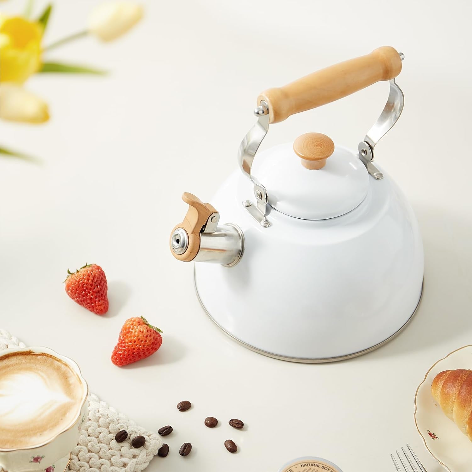 Tea Kettle, Tea Pot with Cool Touch Ergonomic Handle, Teapot Food Grade Stainless Steel, Tea Kettle Stovetop, Kettle Teapot, Whistling Tea Kettle, Small Tea Kettle, 1.6 Quart (White)