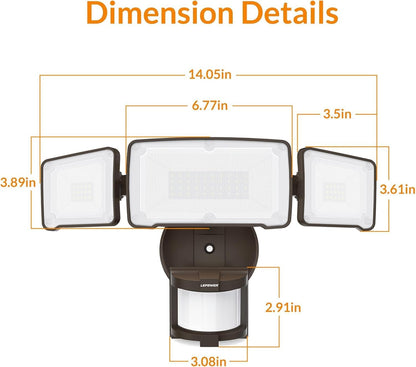 LED Security Light Motion Sensor Light Outdoor, 38W 4200LM Motion Security Light, 5500K, IP65 Waterproof, 3 Head Motion Detected Flood Light for Garage, Yard, Porch (Not Solar Powered, Brown)