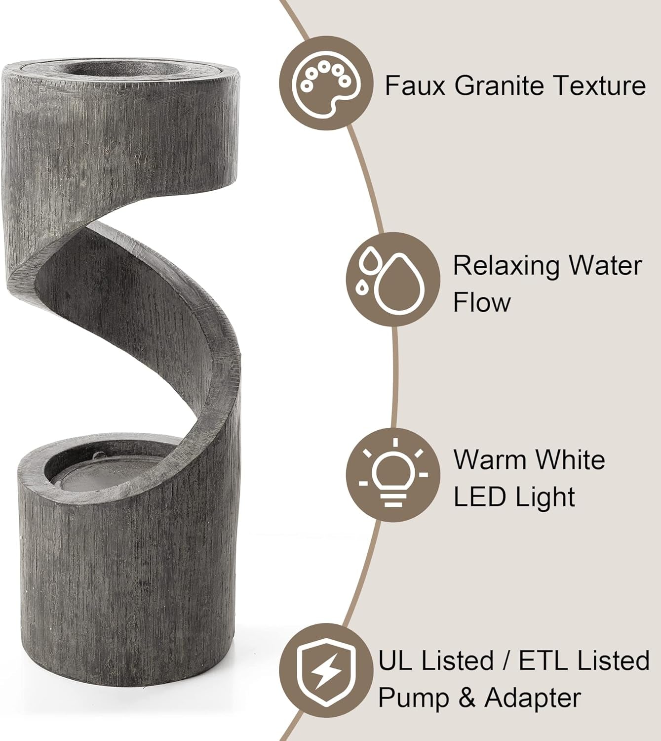 Tiered Outdoor Water Fountain with LED Light, Curved Outdoor Fountain Waterfall with Stone Planter, Freestanding Spiral Outdoor Garden Water Fountains, 31.3”H