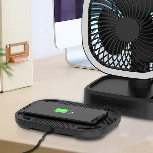 New Rechargeable Personal USB Fan with Wireless Charging Pad and Led Lighting Black