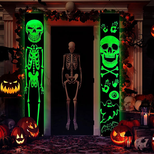 Husfou Halloween Decorations Halloween Porch Banners Luminous Ghost Skeleton Hanging Flags Door Sign for Halloween Indoor Outdoor Porch Decor