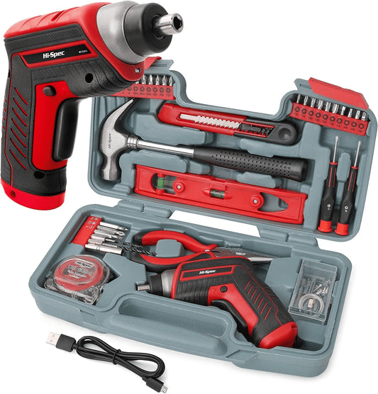35Pc Red 3.6V Cordless Electric Power Screwdriver and Home Tool Kit Set. USB Rechargeable